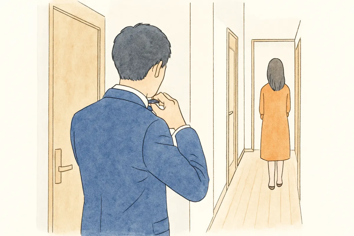 出勤前に念入りに身支度をする夫の後ろ姿