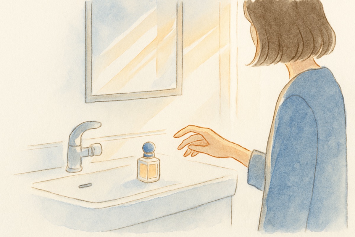 洗面台に置かれた見慣れない香水の瓶と、それを見つめる女性の手元