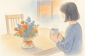 テーブルに置かれた花束と、それを少し離れて見つめる女性の手元