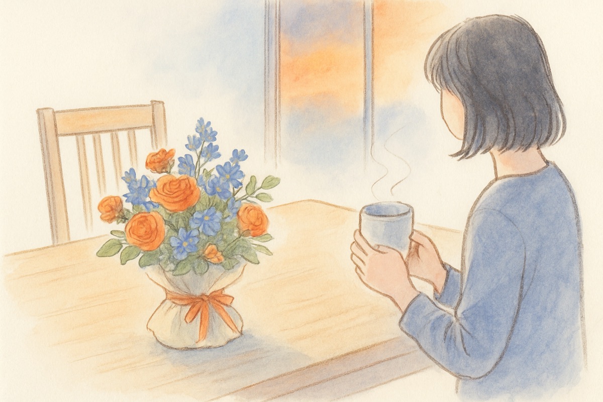 テーブルに置かれた花束と、それを少し離れて見つめる女性の手元