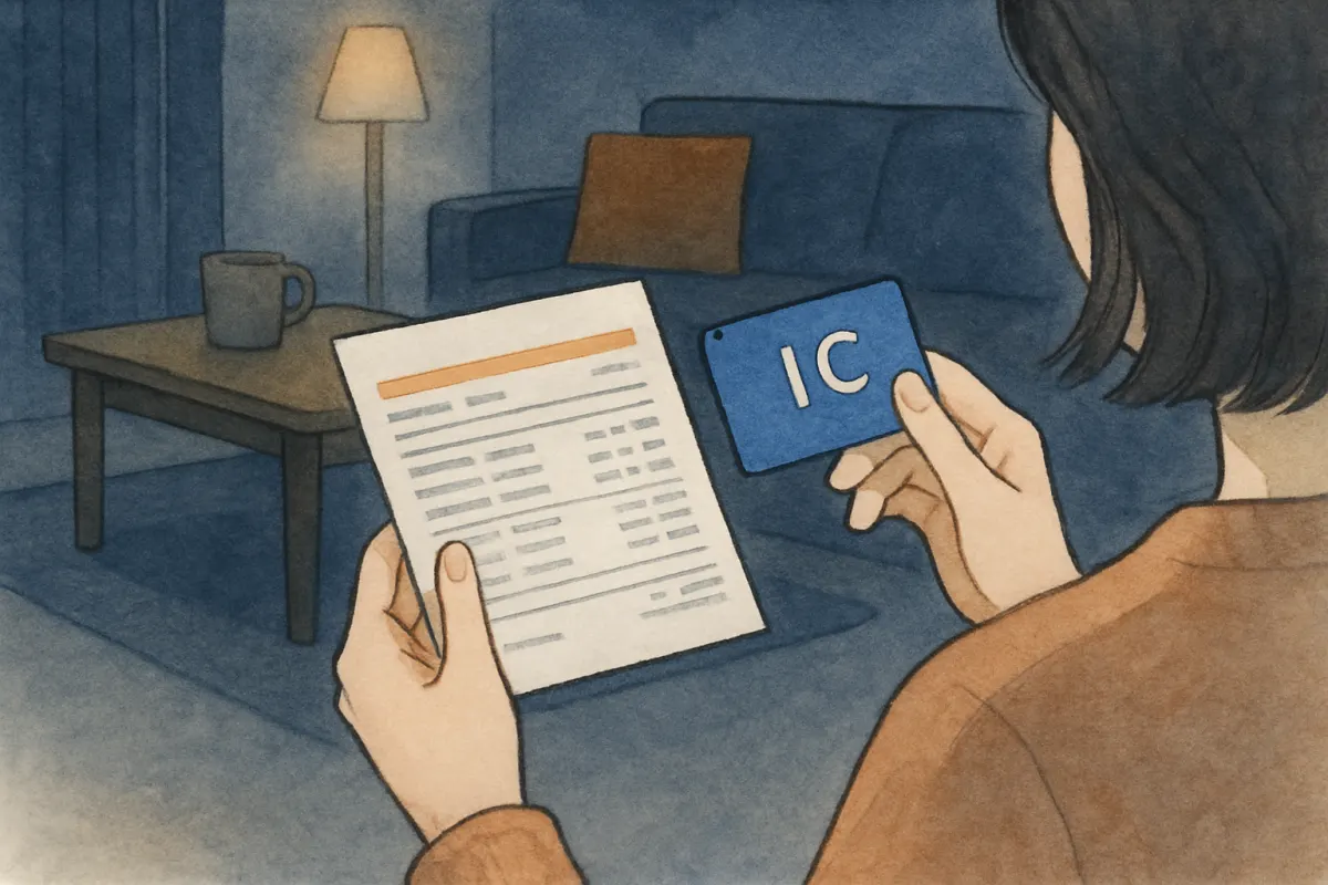 夜のリビングで交通系ICカードを手に考え込む女性の手元