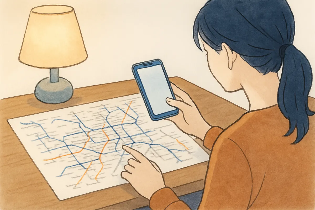 夜の部屋で路線図とスマホを見ながら考え込む女性の手元