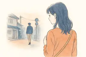 夕暮れの街角で少し離れて人を目で追う女性の後ろ姿