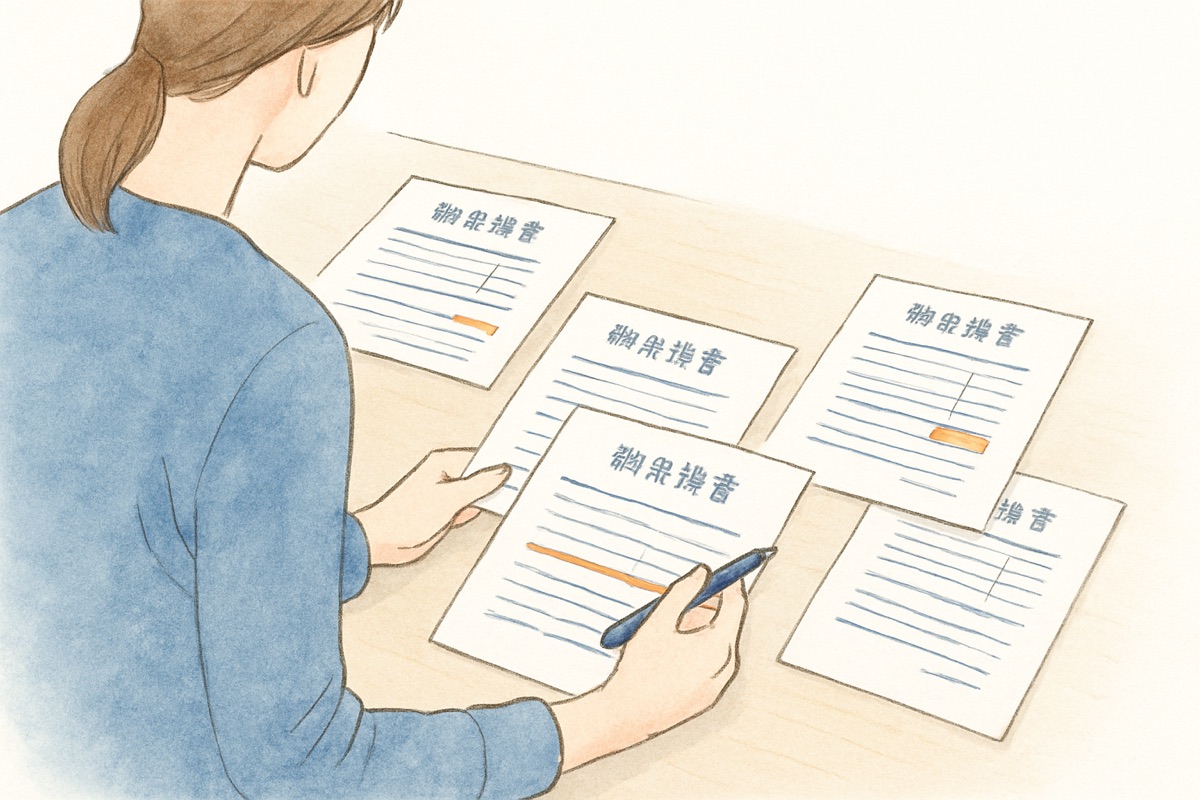 複数の探偵社の見積書を並べて比較する手元