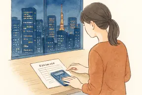 夜の東京の街明かりを背に、見積書と電卓で調査費用を検討する女性の手元