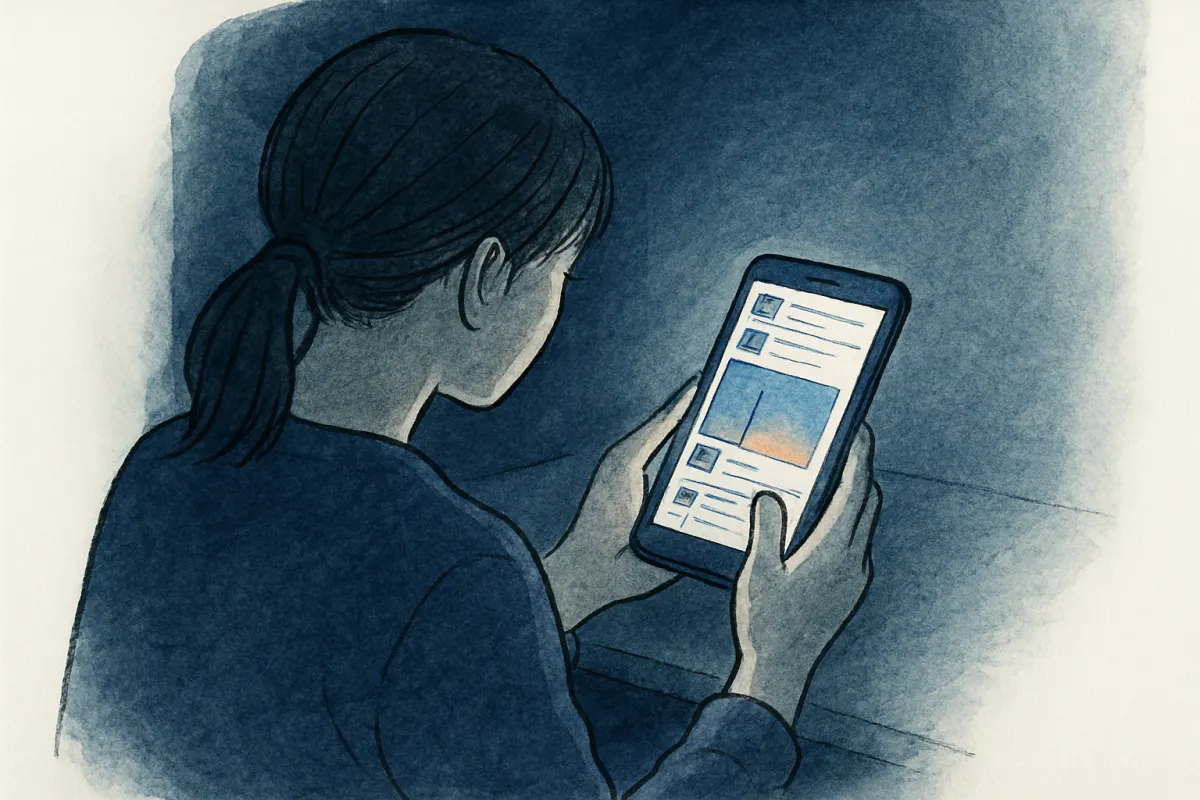 夜の部屋でスマホのSNSのタイムラインを見つめる女性の手元