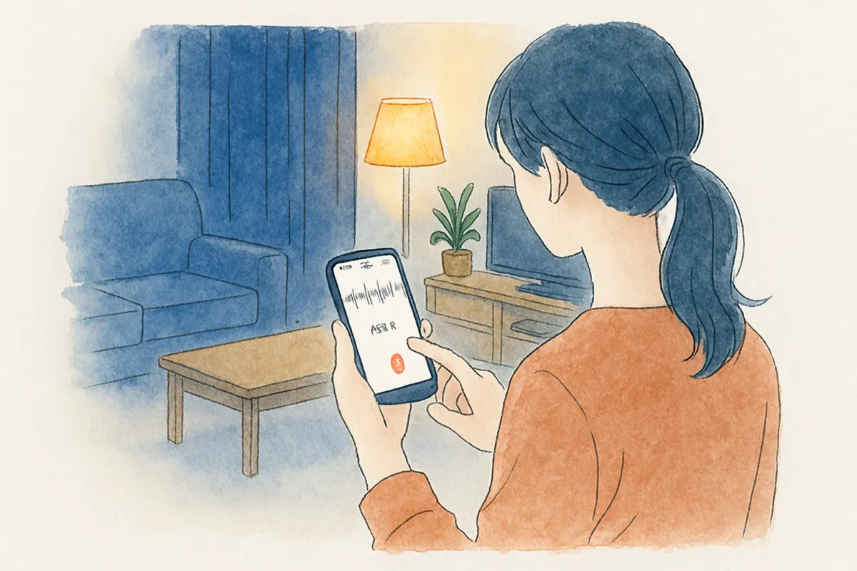 スマホのボイスメモ画面を見つめる女性の手元