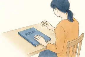 テーブルに置かれた調査報告書のファイルに手を添える女性の手元