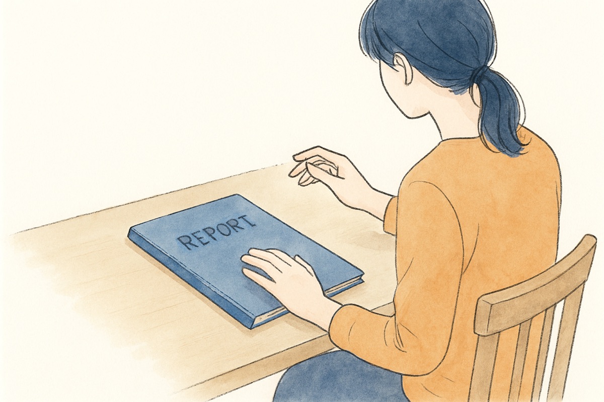 テーブルに置かれた調査報告書のファイルに手を添える女性の手元
