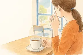 カフェで婚約指輪を見つめながら考え込む女性の手元