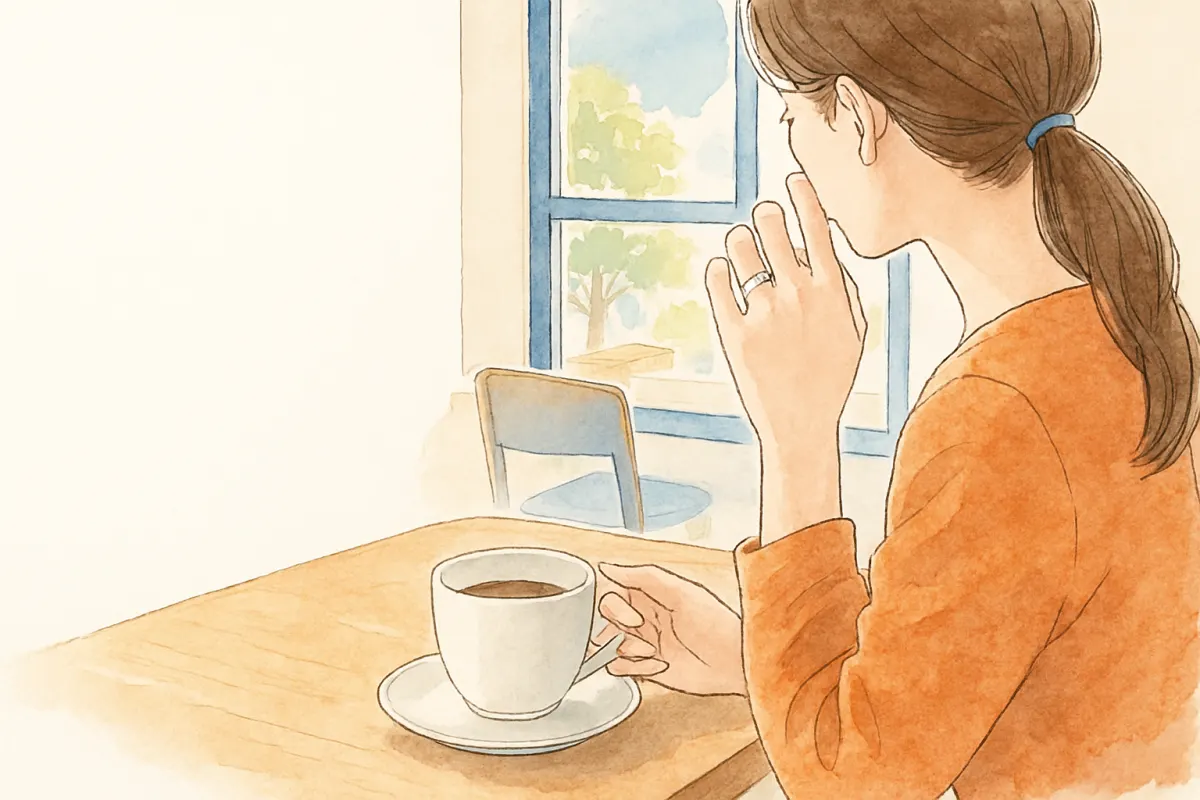 カフェで婚約指輪を見つめながら考え込む女性の手元