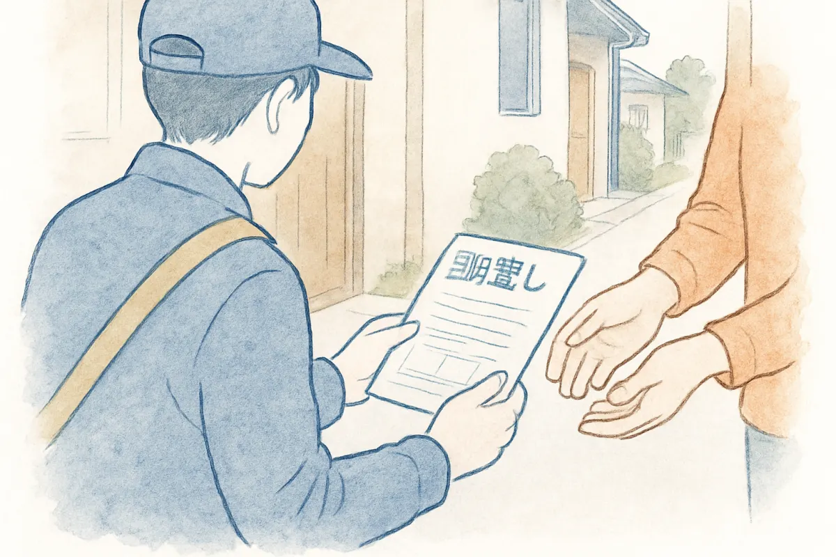 チラシを手に近隣へ聞き込みをする様子