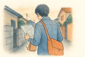 夕方の住宅街で地図とチラシを手に捜索する調査員の後ろ姿