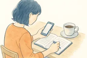 カフェのテーブルでノートに疑問点を書き出す女性の手元