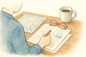 机に広げた地図と書類を確認しながらメモを取る手元