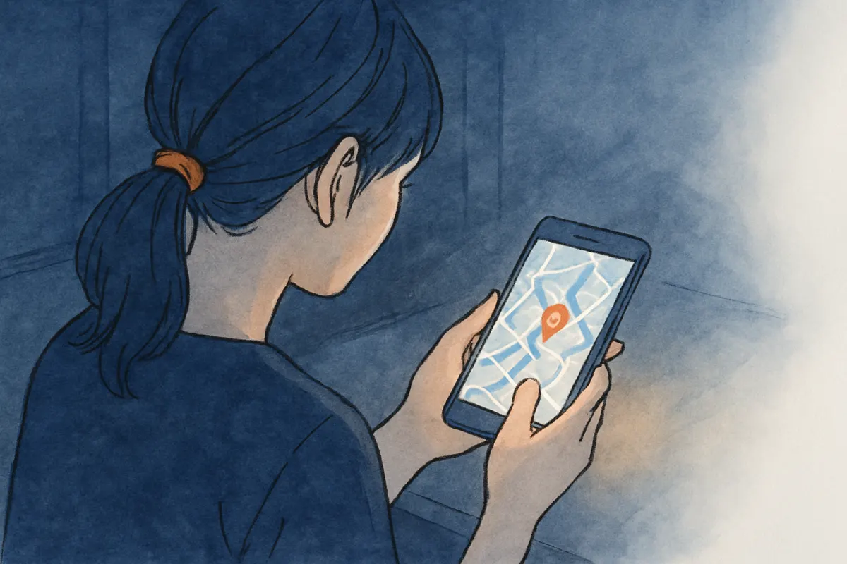 スマホで位置情報共有アプリの画面を確認する様子
