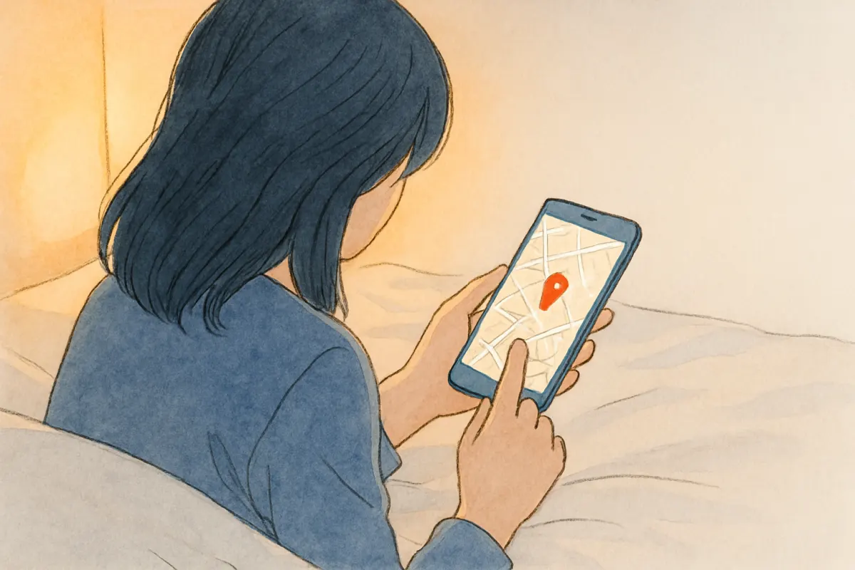 夜のベッドでスマホの地図アプリ画面を見つめる女性の手元
