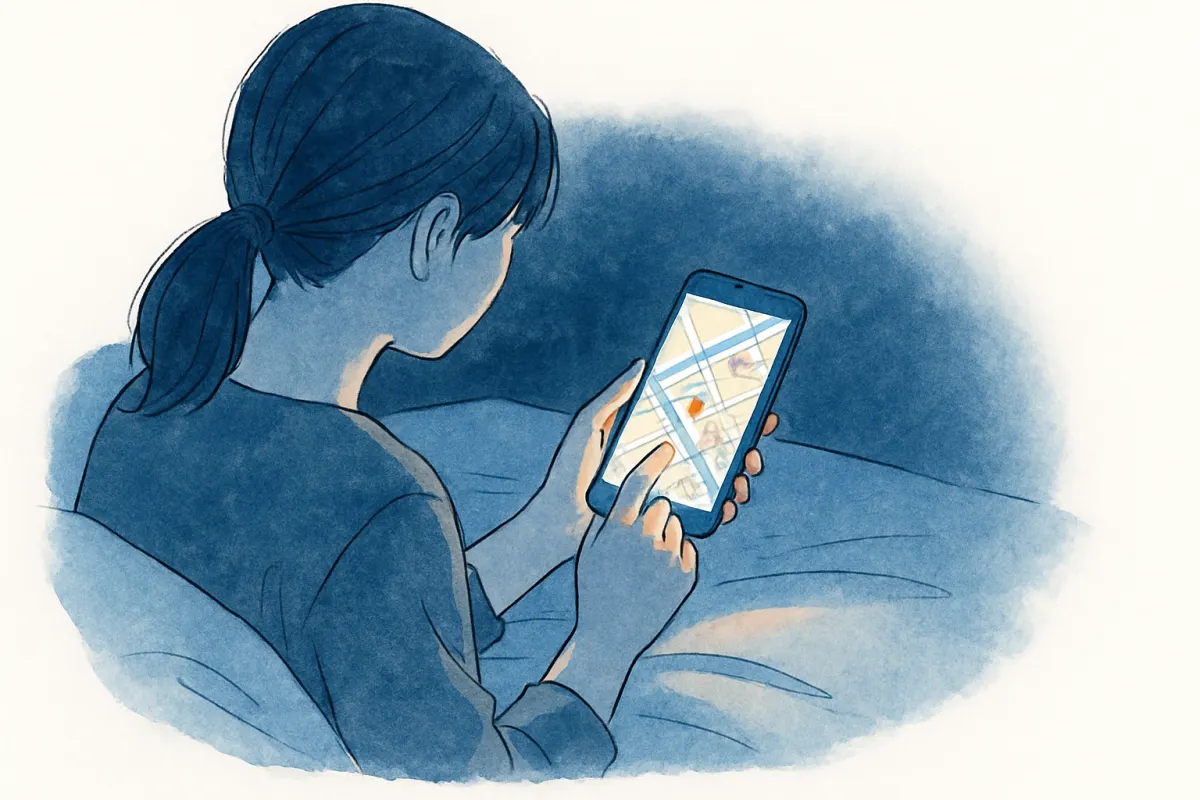 夜のベッドでスマホの地図アプリを見つめる女性の手元