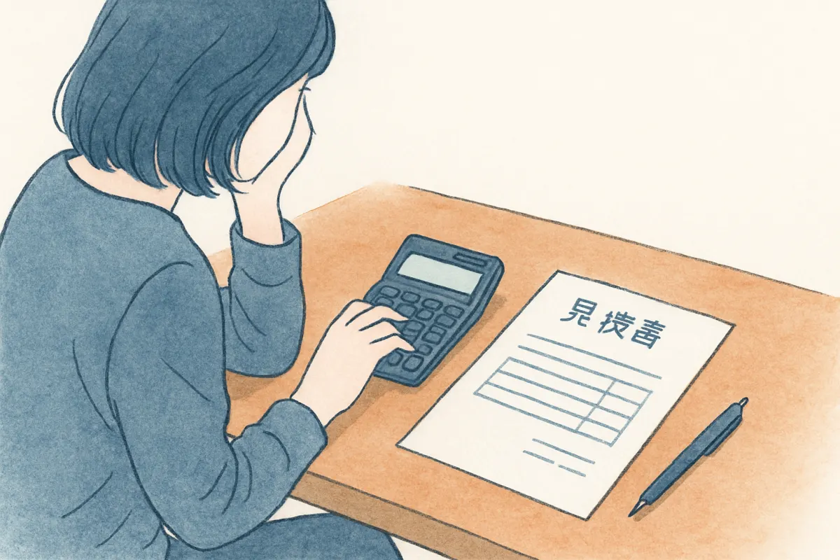 テーブルに広げた見積書を見ながら電卓をたたく女性の手元