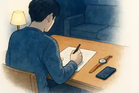 夜のリビングで書類とペンを前に座る男性の手元