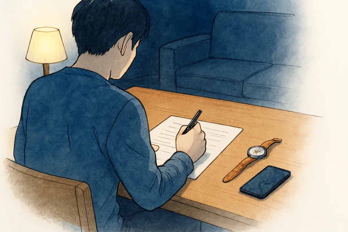 夜のリビングで書類とペンを前に座る男性の手元