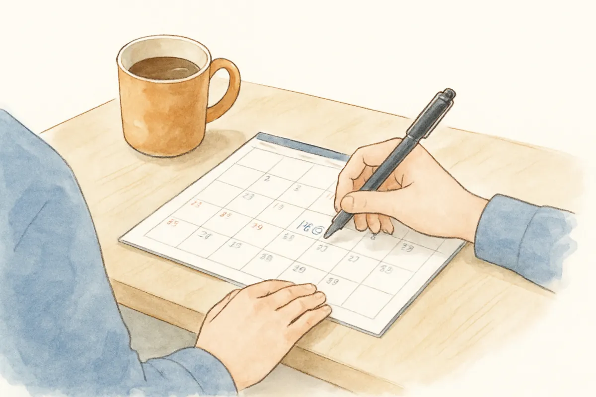 日付つきの記録をノートに書き留める手元