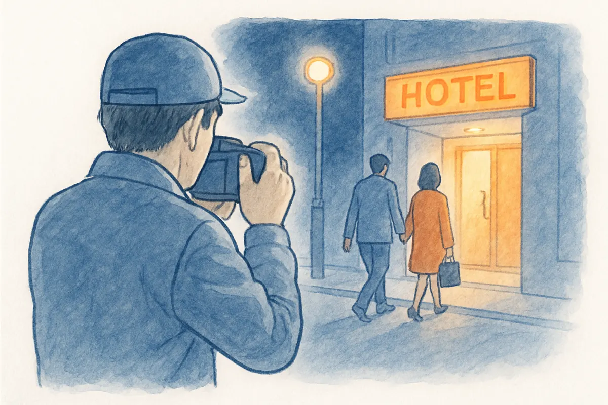 探偵が行動の事実を撮影で押さえる様子