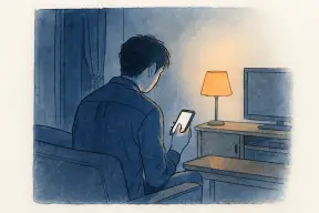夜のリビングで一人スマホを見つめて考え込む男性の後ろ姿