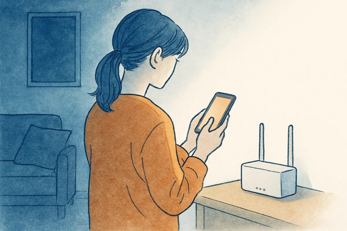 夜のリビングでWi-Fiルーターの近くでスマホを見る女性の手元