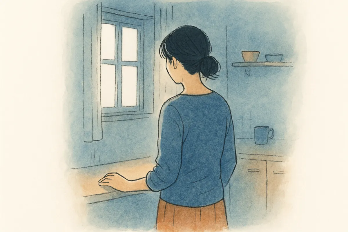 室内で行為を思いとどまる女性の後ろ姿