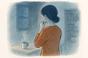 不安な表情で部屋を見回す女性のシルエット