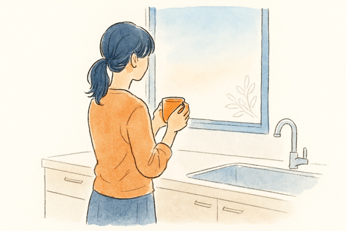 朝のキッチンで手を止めて窓の外を見つめる女性の後ろ姿