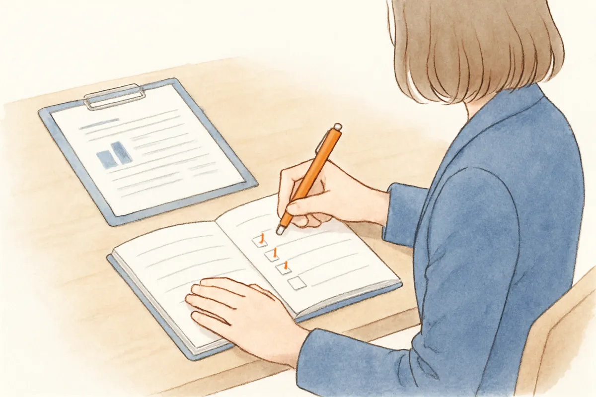 探偵社との面談で確認ポイントをノートに書き込む手元
