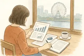 横浜の観覧車が見える窓際の席で、複数の探偵社の資料を見比べる女性の手元